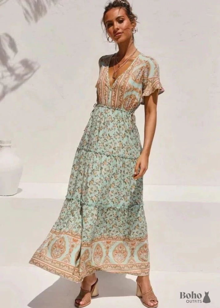 autumn boho dress Brillora Turquoise Autumn Boho Vacation Holiday Women's Extra Long Dress,V-Neck Lace Sleeve Hem Bohemian Style Printed Fall/Winter Outings Casual Date Dress