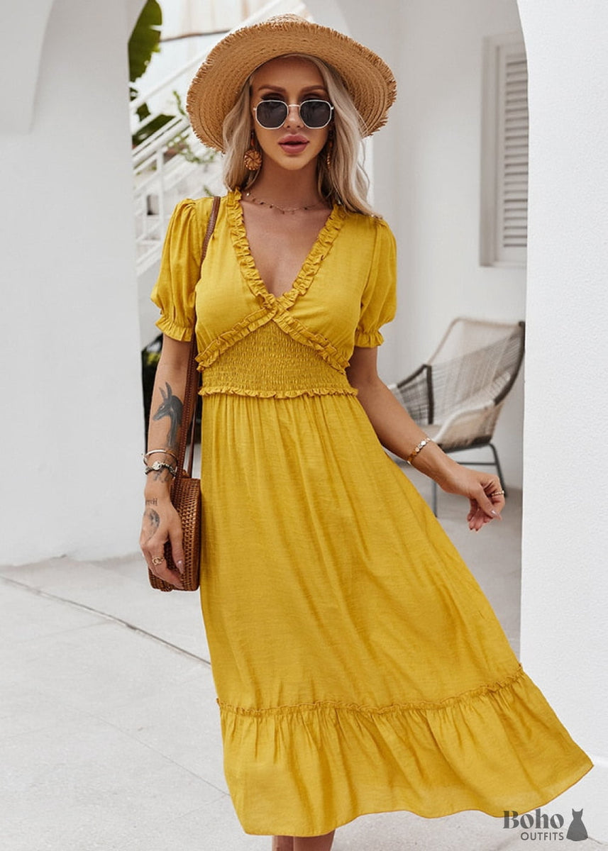 V-Neck Yellow Boho Maxi Dress Freya - Boho Dress Official